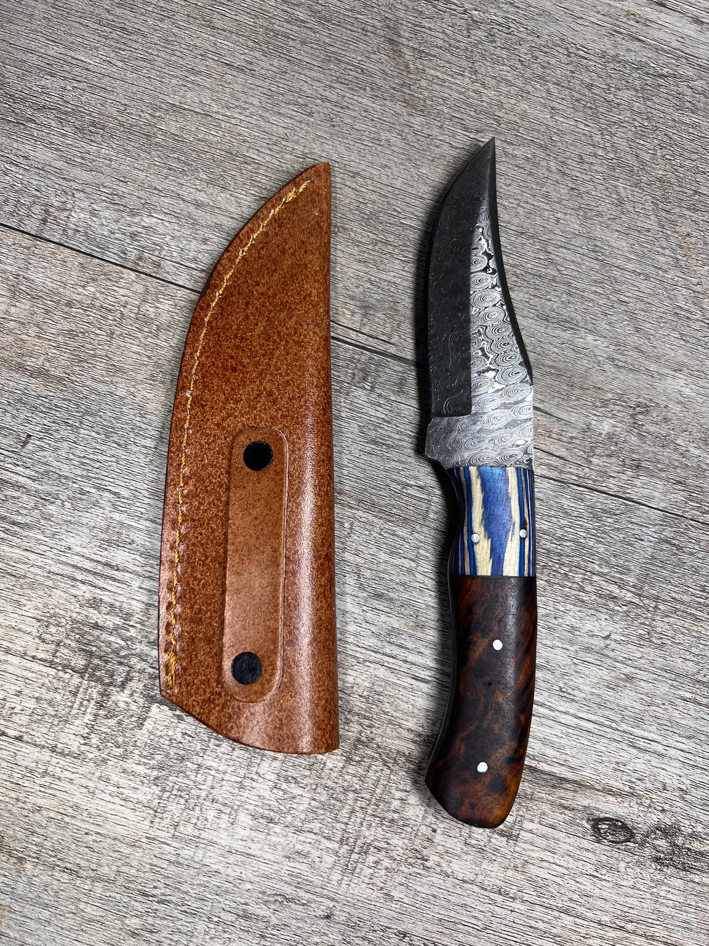 Damascus Steel Knife with Multi-Colored Wooden Handle
