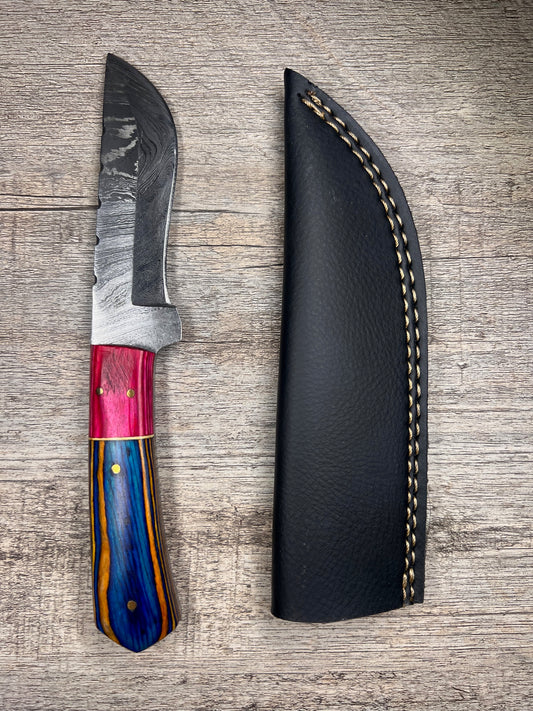 Damascus Steel Knife With Multi-Colored Wooden Handle