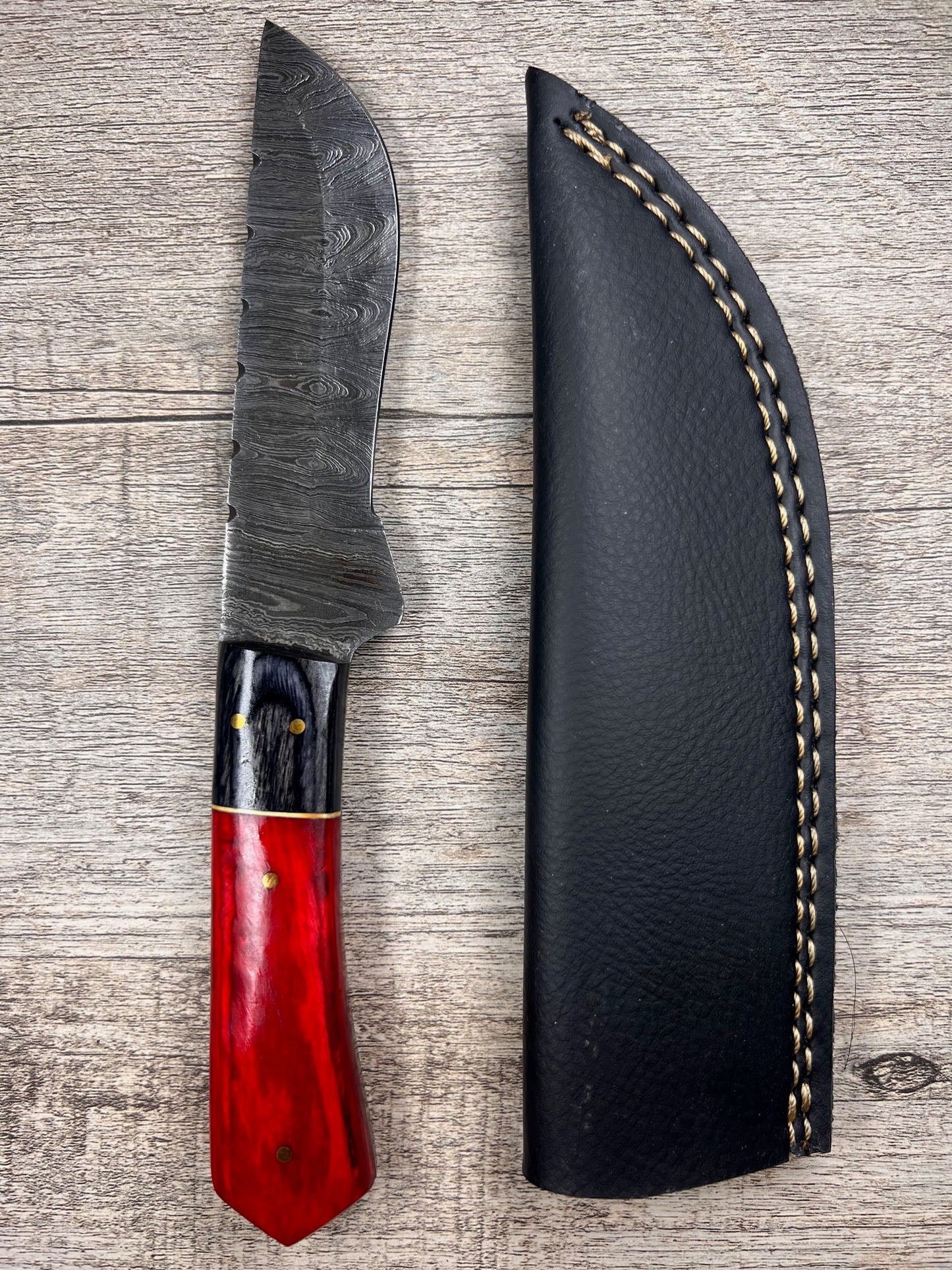 Damascus Steel Knife With Multi-Colored Wooden Handle