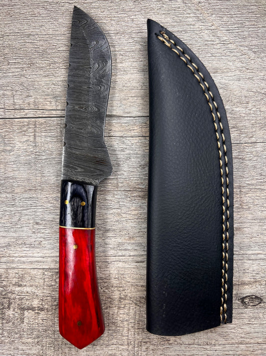 Damascus Steel Knife With Multi-Colored Wooden Handle