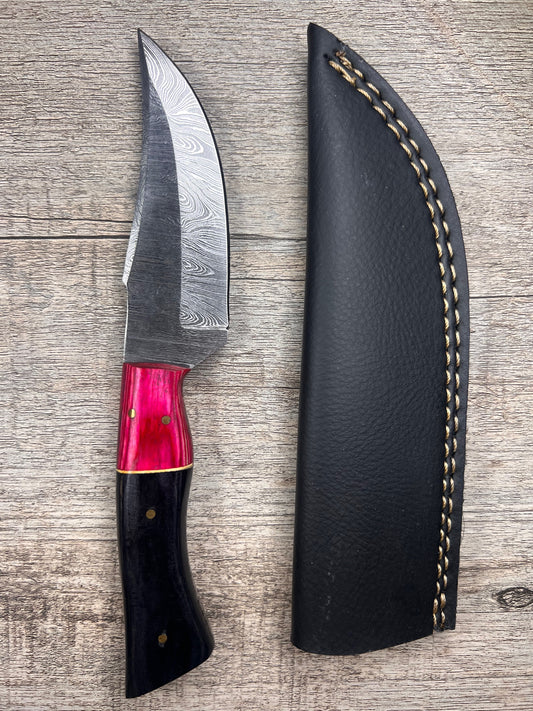 Damascus Steel Knife With Multi-Colored Wooden Handle