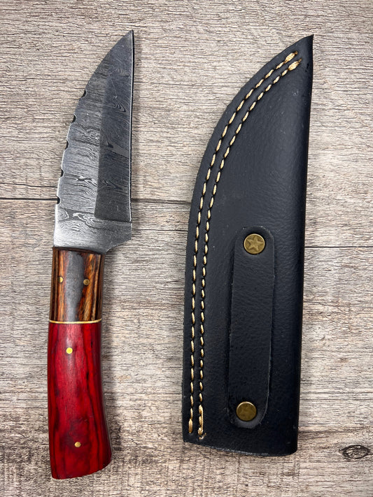 Damascus Steel Knife With Multi-Colored Wooden Handle