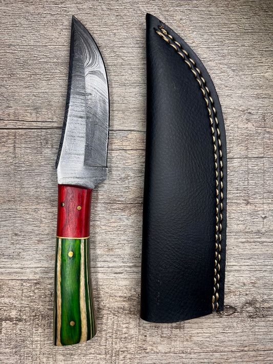 Damascus Steel Knife With Multi-Colored Wooden Handle