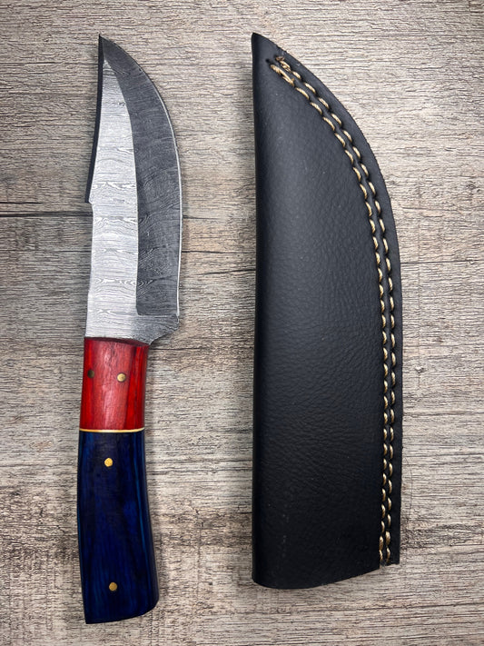 Damascus Steel Knife With Multi-Colored Wooden Handle