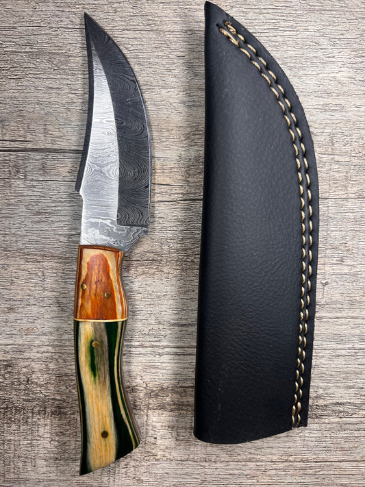 Damascus Steel Knife With Multi-Colored Wooden Handle