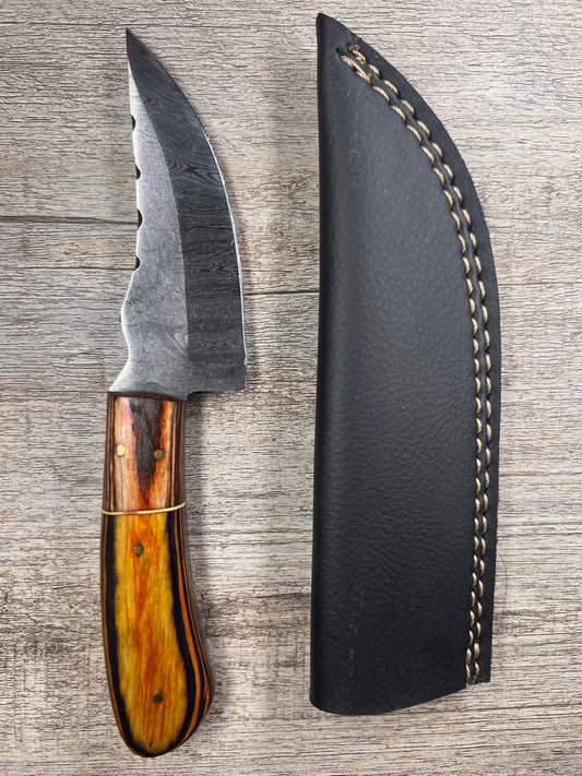 Damascus Steel Knife With Multi-Colored Wooden Handle