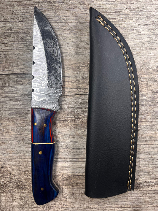 Damascus Steel Knife With Multi-Colored Wooden Handle