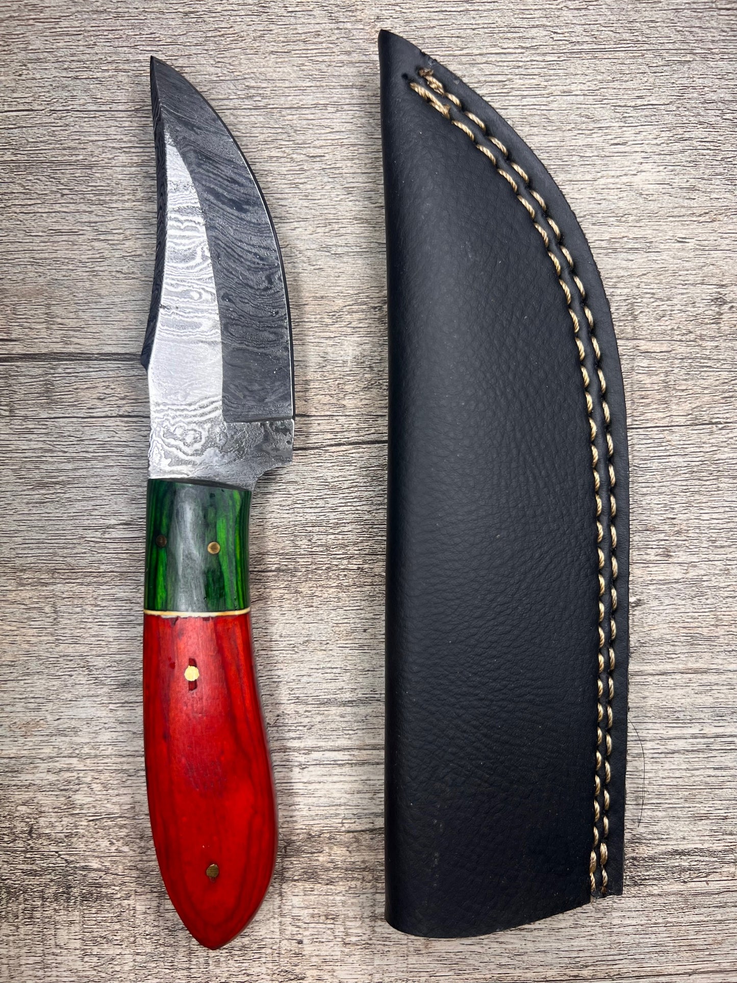 Damascus Steel Knife With Multi-Colored Wooden Handle