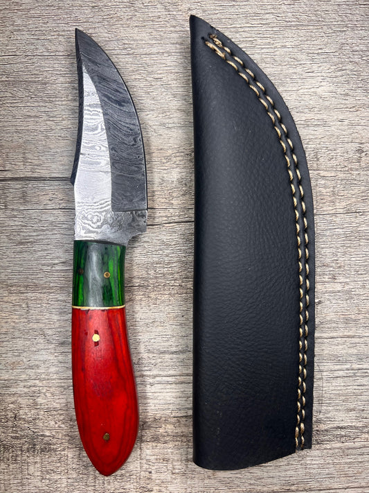 Damascus Steel Knife With Multi-Colored Wooden Handle