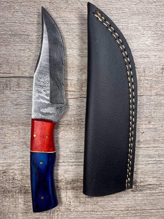 Damascus Steel Knife With Multi-Colored Wooden Handle