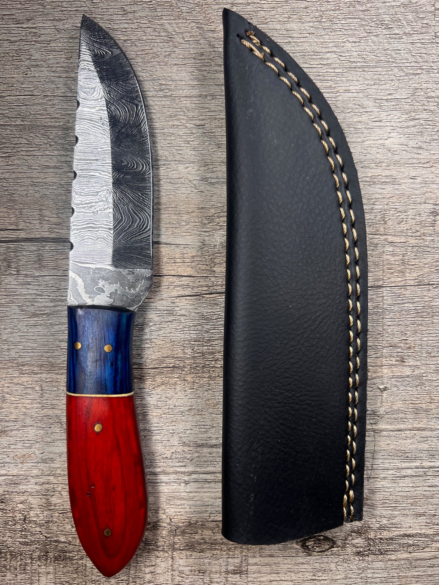 Damascus Steel Knife With Multi-Colored Wooden Handle