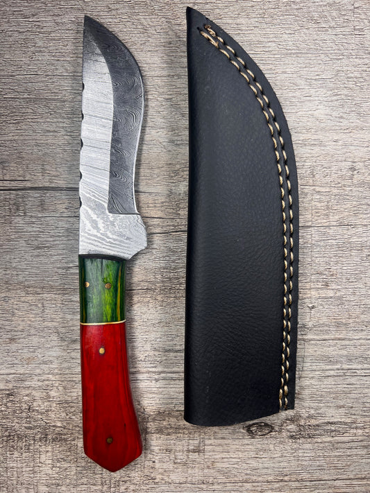 Damascus Steel Knife With Multi-Colored Wooden Handle