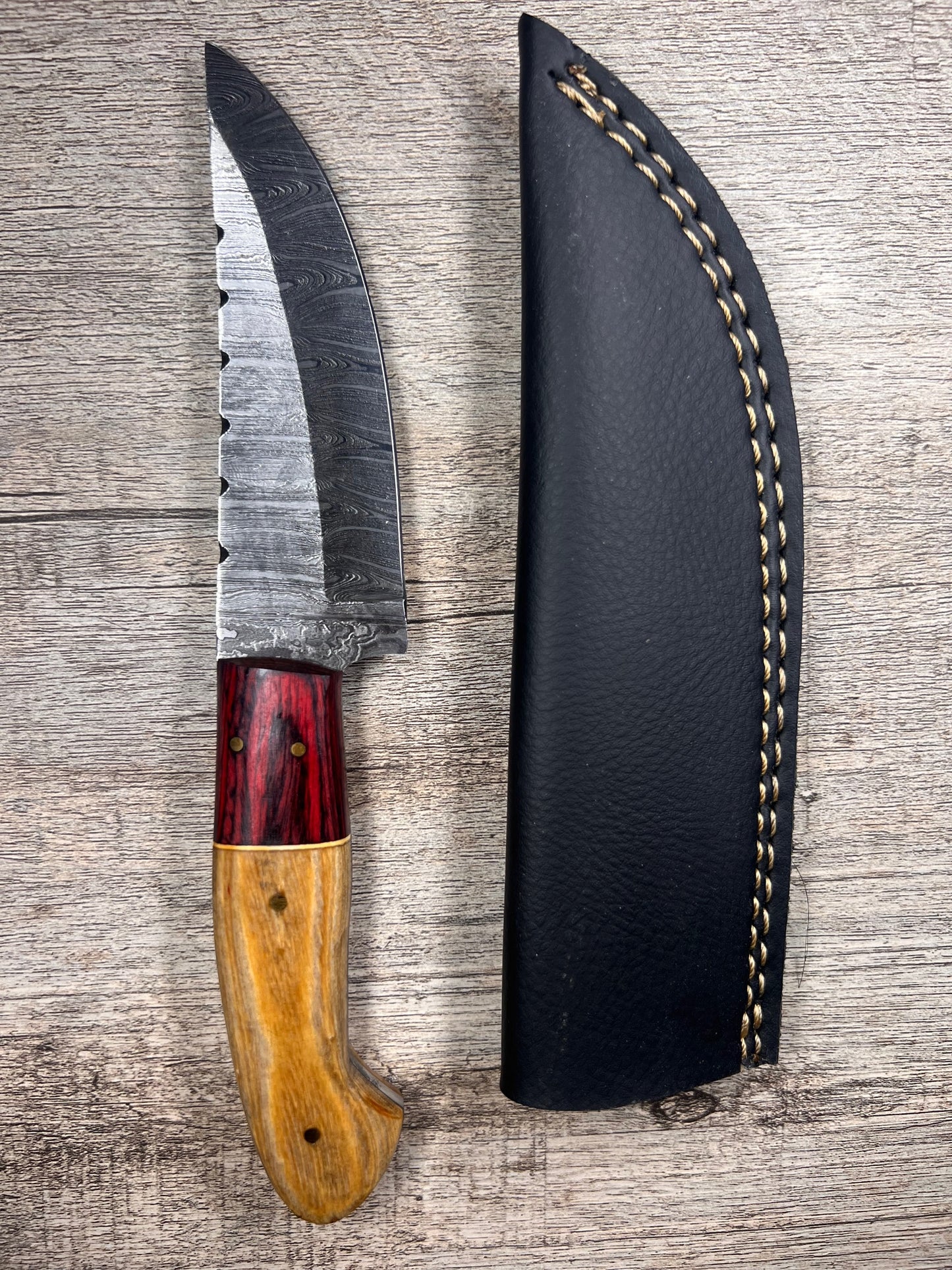 Damascus Steel Knife With Multi-Colored Wooden Handle