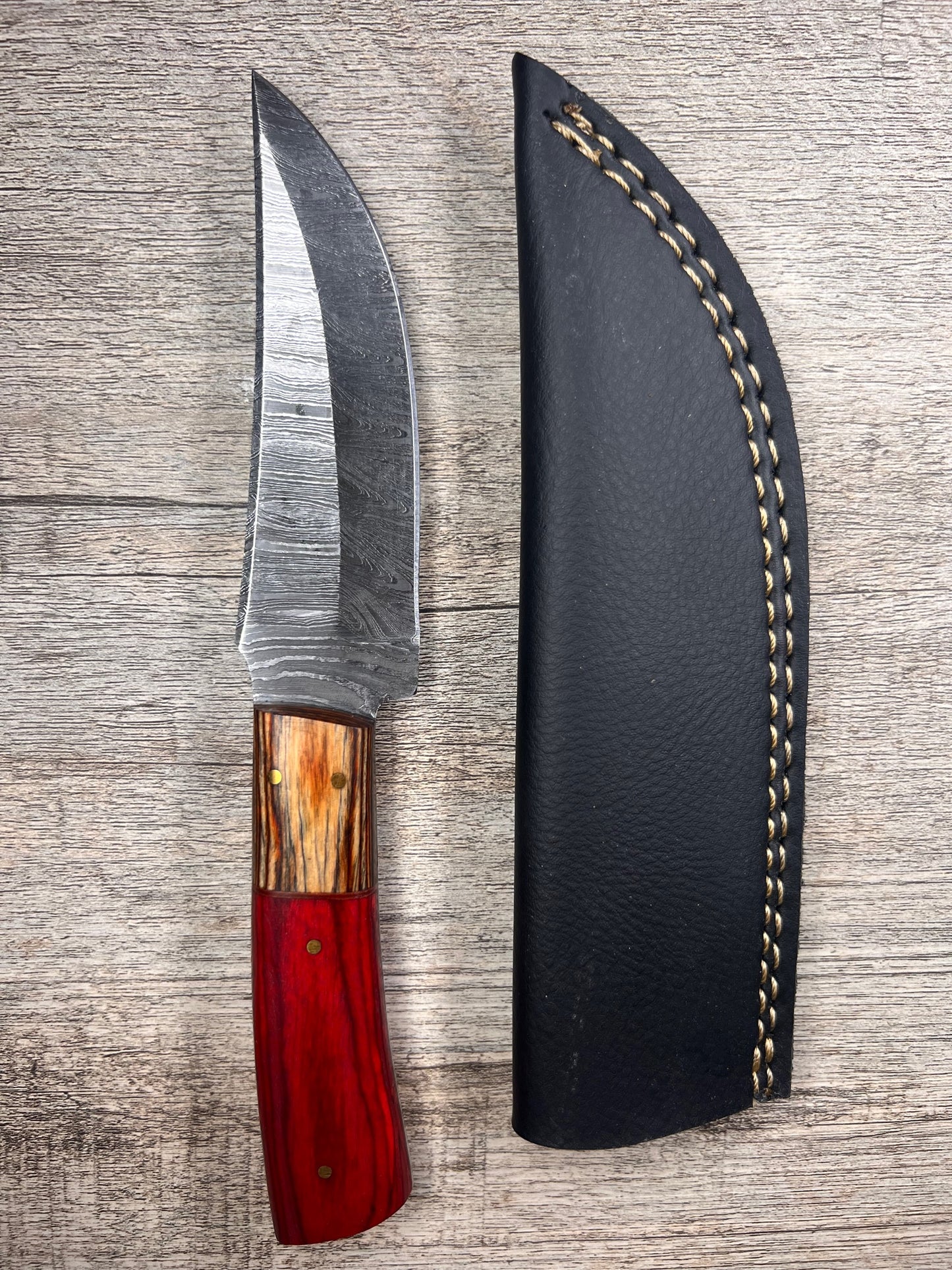 Damascus Steel Knife With Multi-Colored Wooden Handle