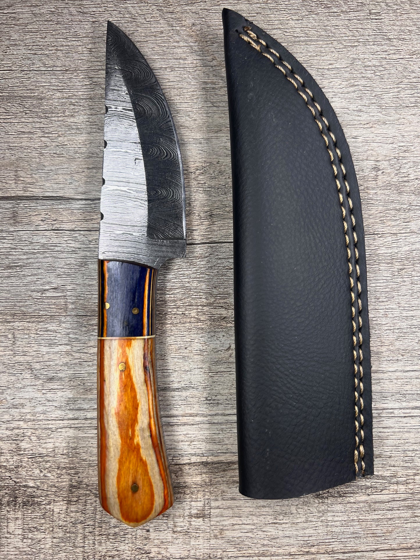 Damascus Steel Knife With Multi-Colored Wooden Handle
