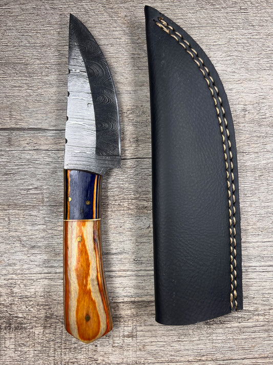 Damascus Steel Knife With Multi-Colored Wooden Handle