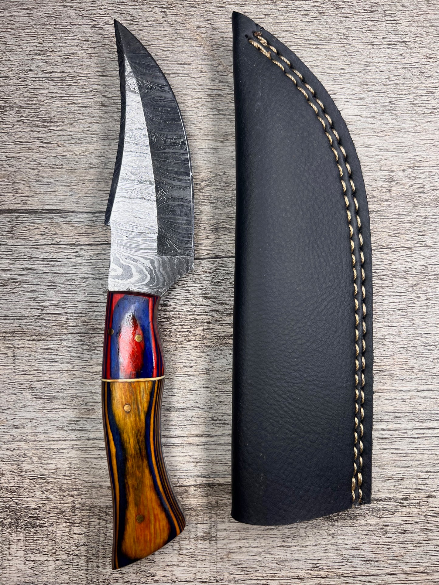 Damascus Steel Knife With Multi-Colored Wooden Handle