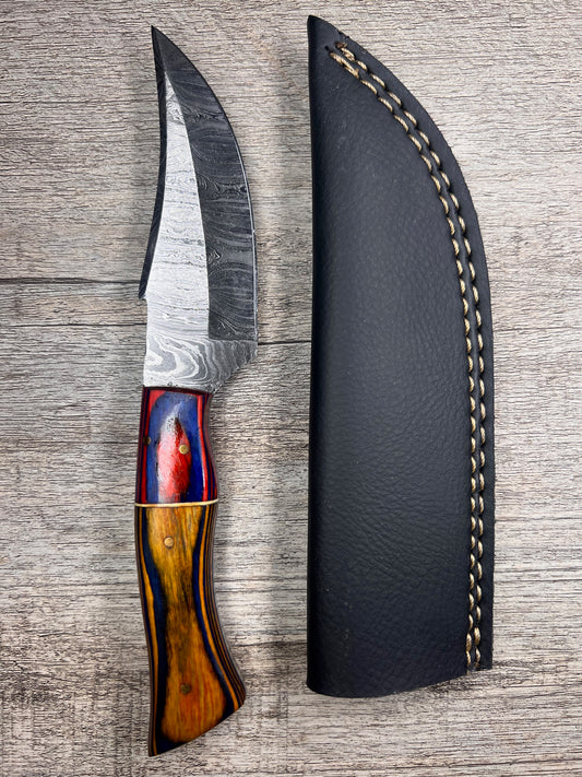 Damascus Steel Knife With Multi-Colored Wooden Handle
