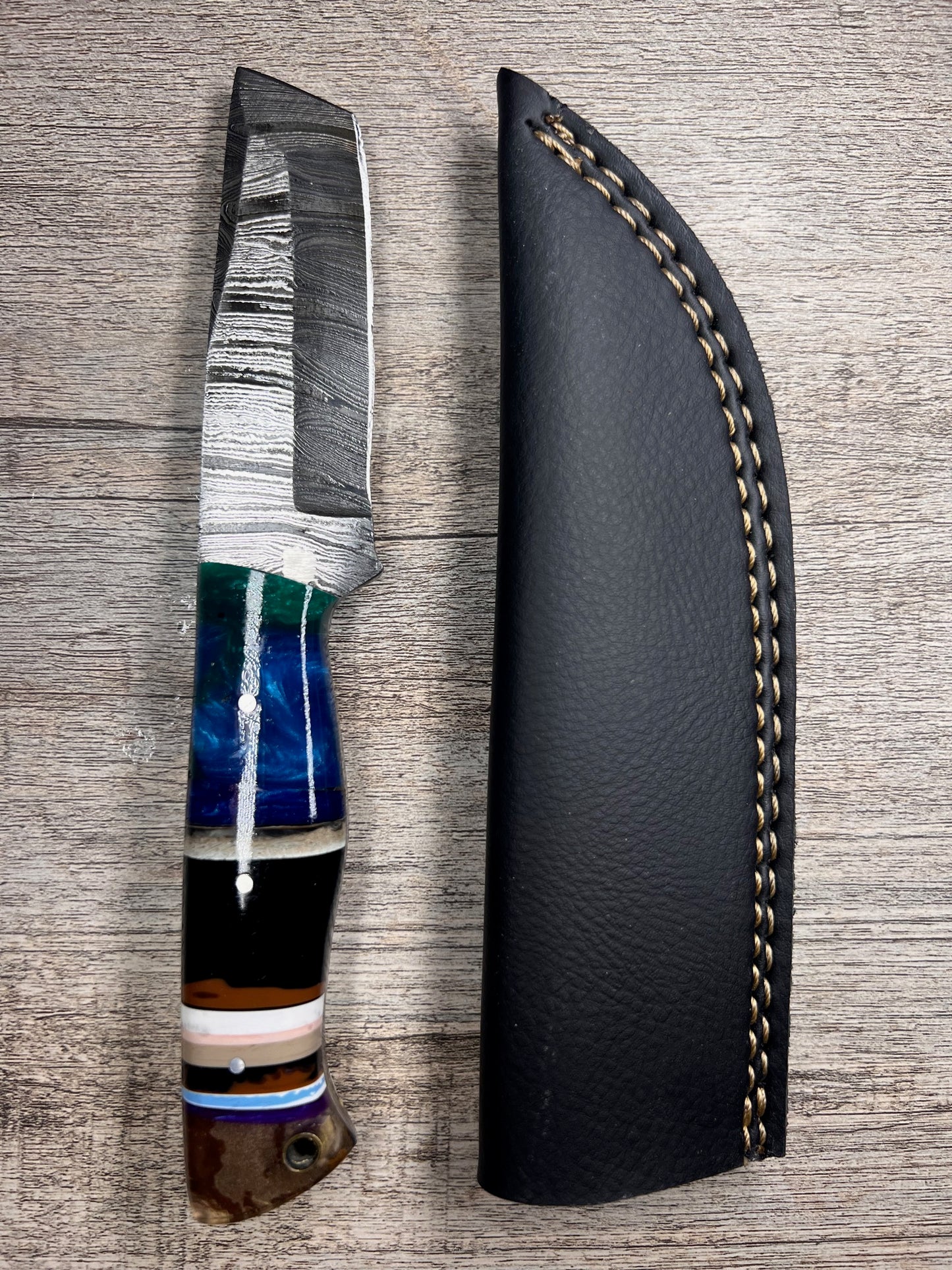 Damascus Steel Knife With Multi-Colored Acrylic Handle