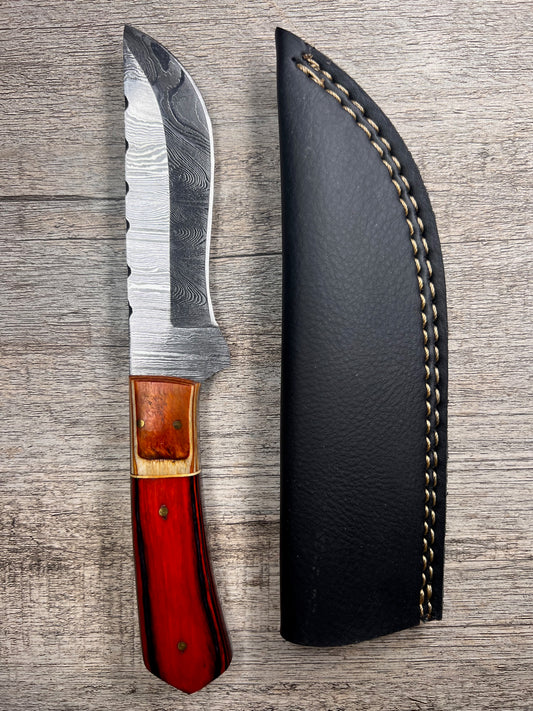 Damascus Steel Knife With Multi-Colored Wooden Handle