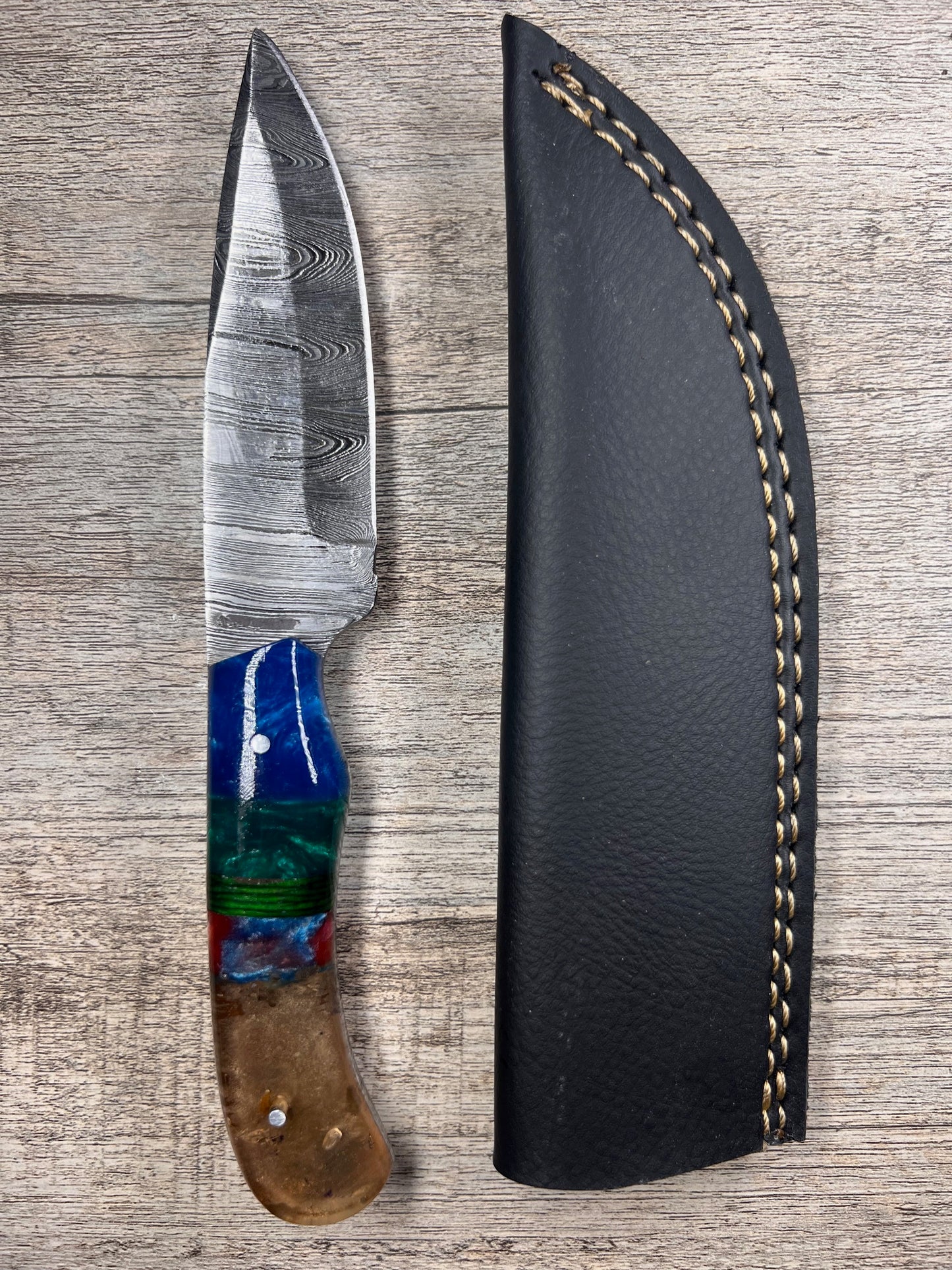 Damascus Steel Knife With Multi-Colored Acrylic Handle