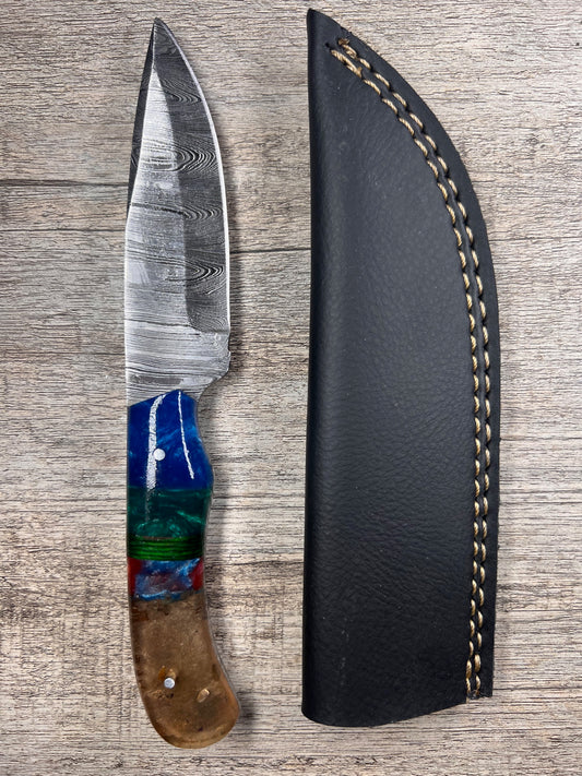 Damascus Steel Knife With Multi-Colored Acrylic Handle
