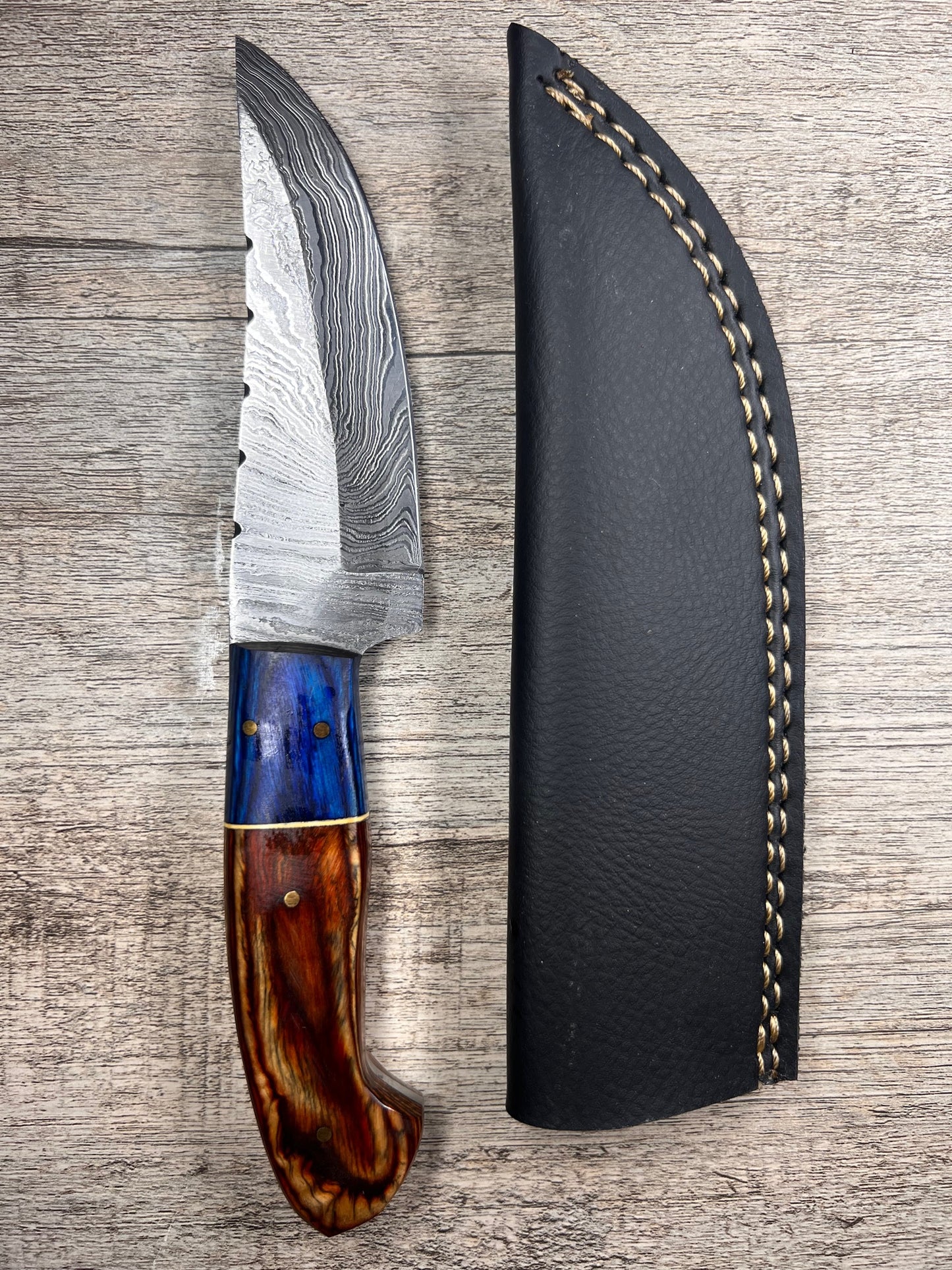 Damascus Steel Knife With Multi-Colored Wooden Handle