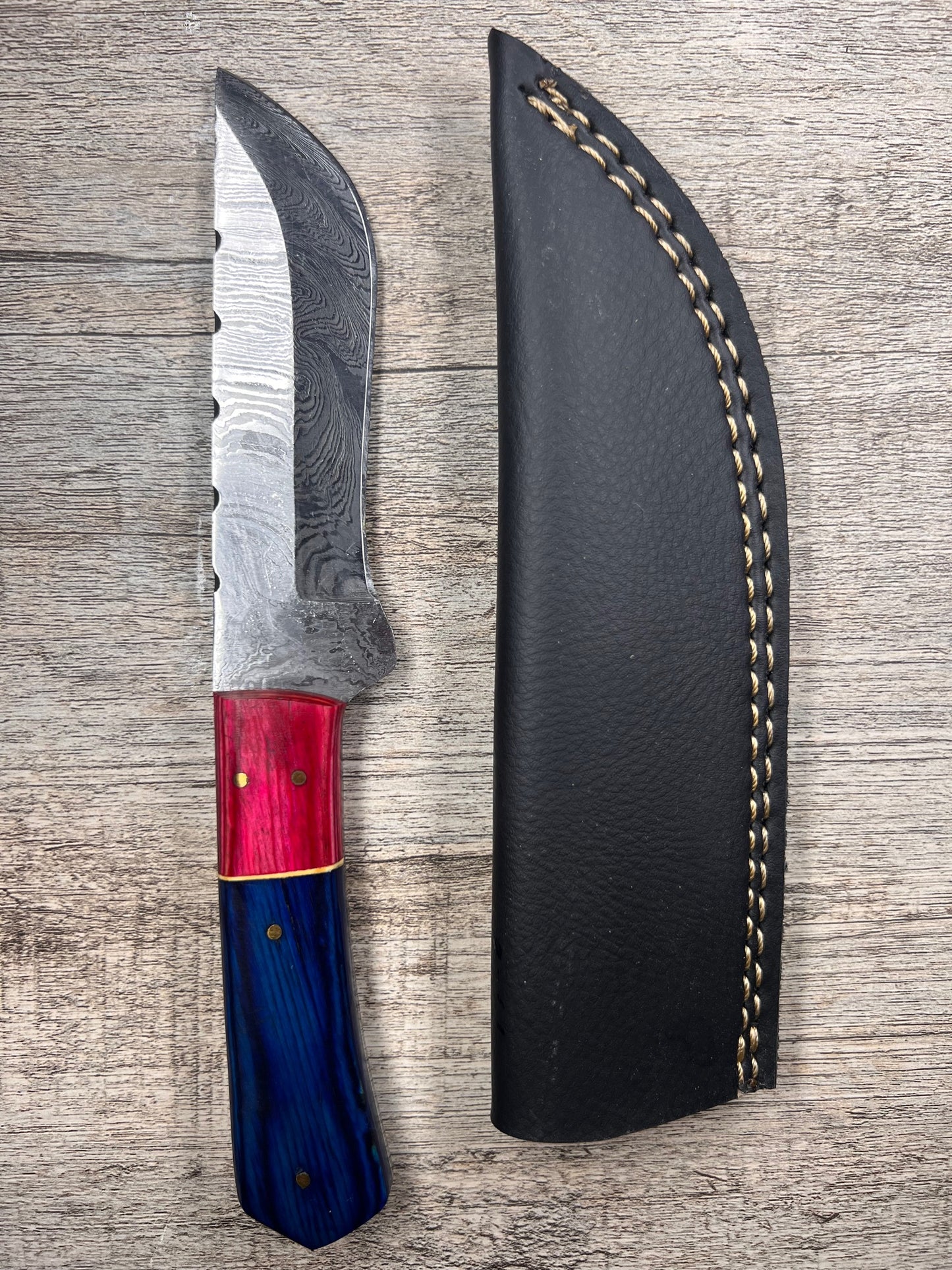 Damascus Steel Knife With Multi-Colored Wooden Handle