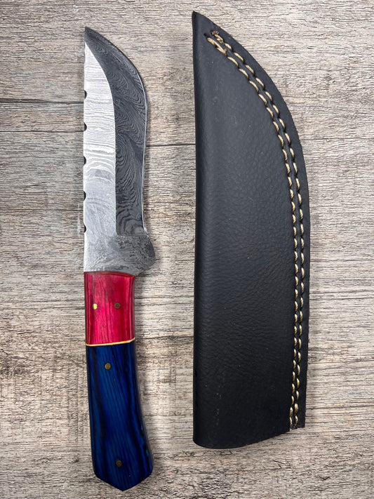Damascus Steel Knife With Multi-Colored Wooden Handle