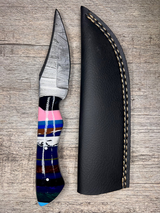 Damascus Steel Knife With Multi-Colored Acrylic Handle