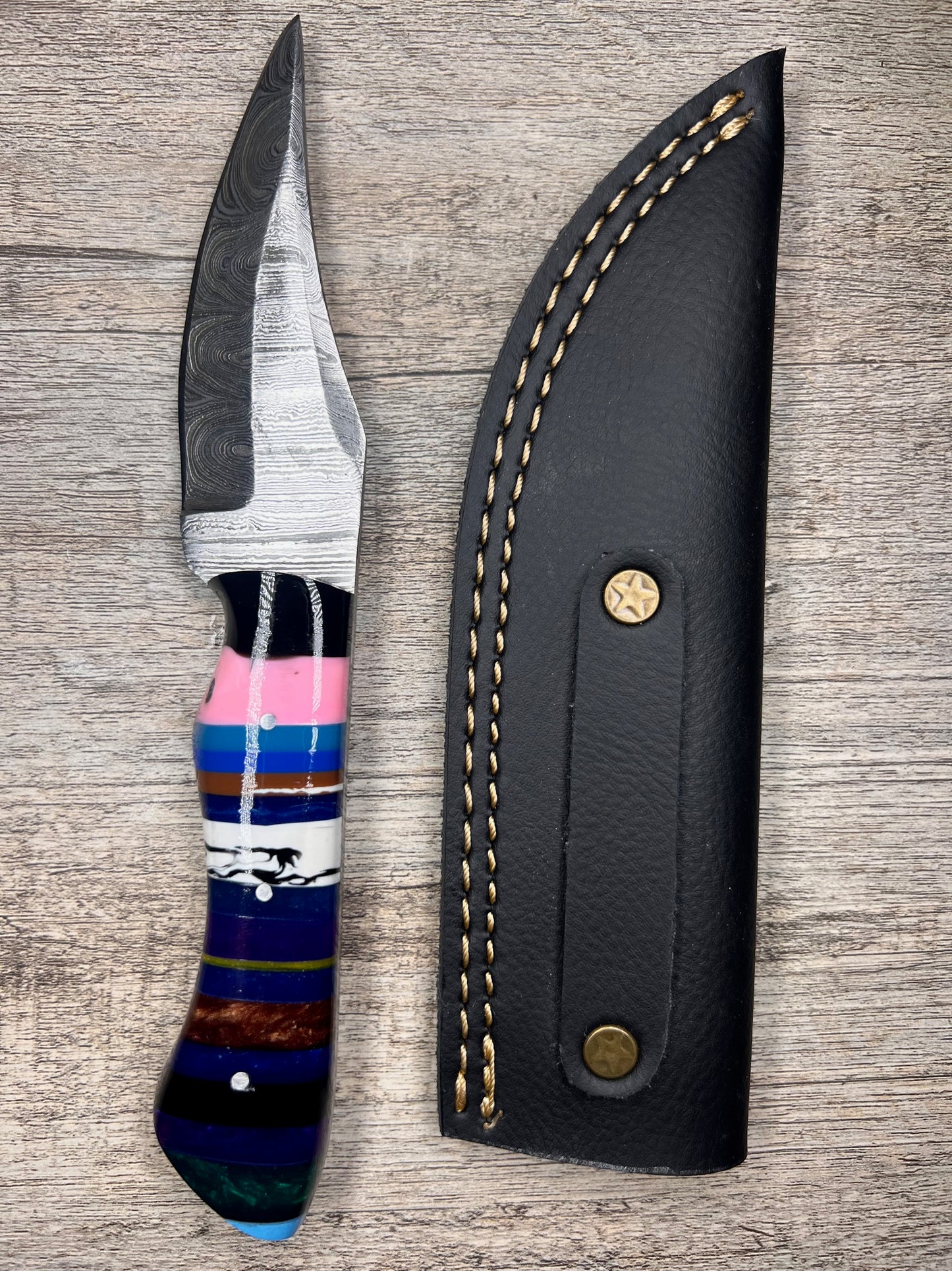 Damascus Steel Knife With Multi-Colored Acrylic Handle