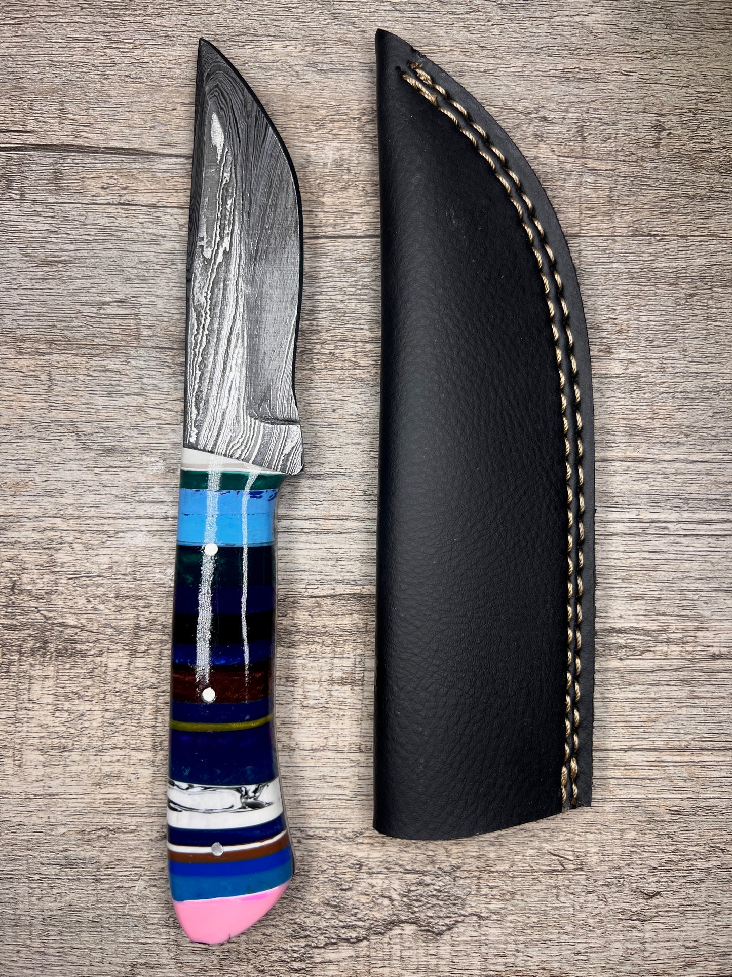 Damascus Steel Knife With Multi-Colored Acrylic Handle