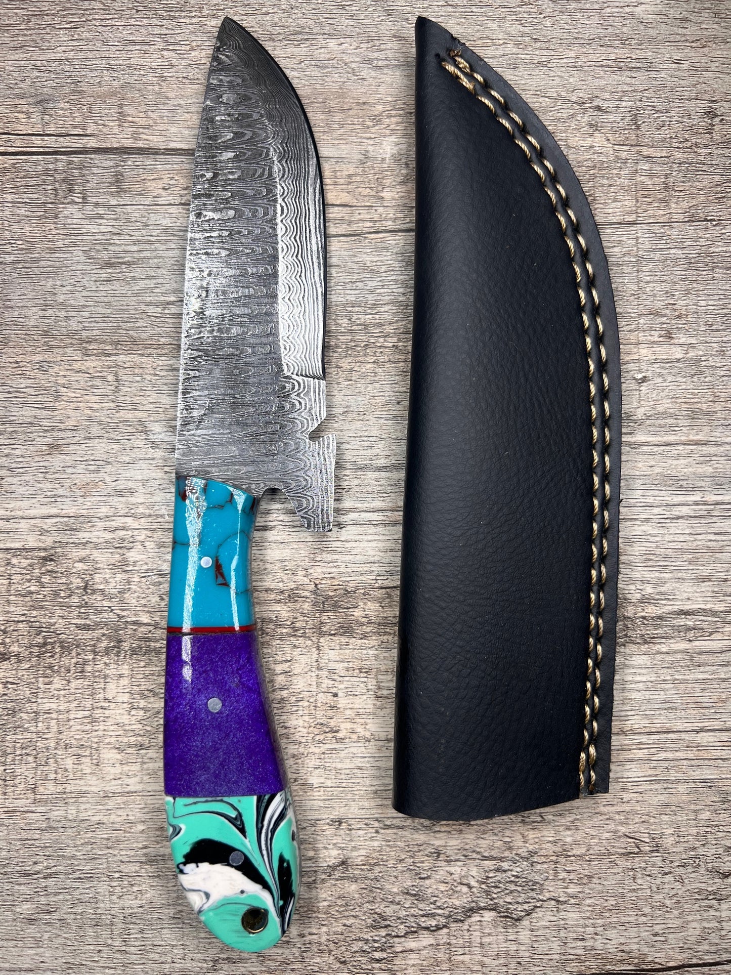 Damascus Steel Knife With Multi-Colored Acrylic Handle
