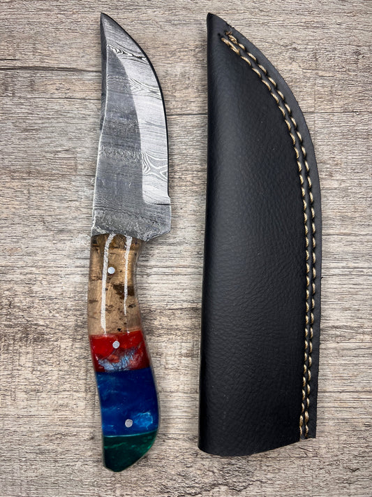 Damascus Steel Knife With Multi-Colored Acrylic Handle