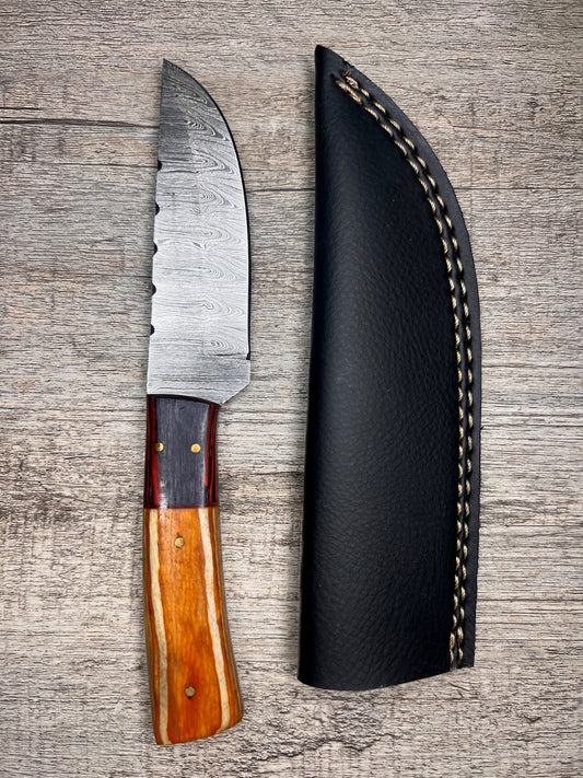 Damascus Steel Knife With Multi-Colored Wooden Handle