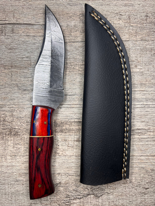 Damascus Steel Knife With Multi-Colored Wooden Handle