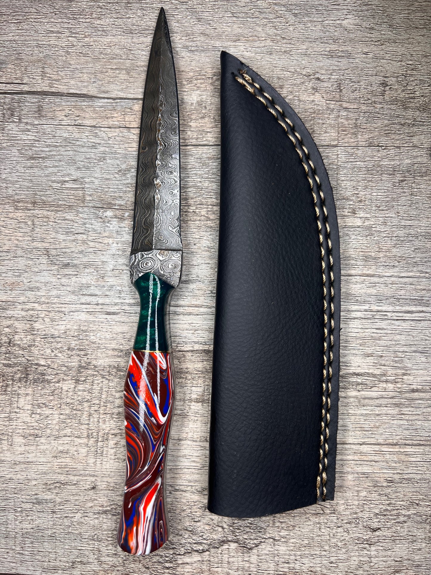 Damascus Steel Dagger With Multi-Colored Acylic Handle