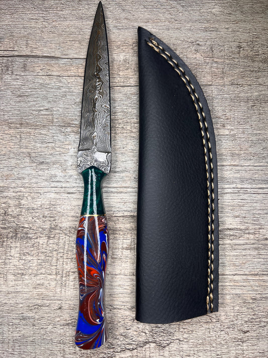 Damascus Steel Dagger With Multi-Colored Acylic Handle