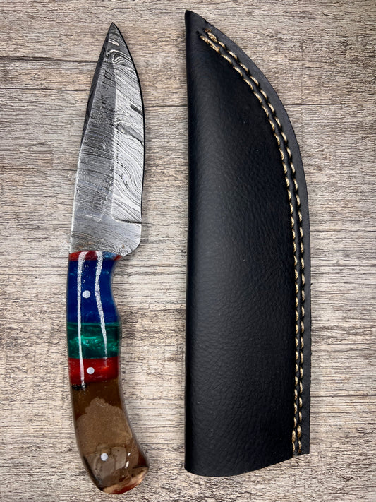 Damascus Steel Knife With Multi-Colored Acrylic Handle