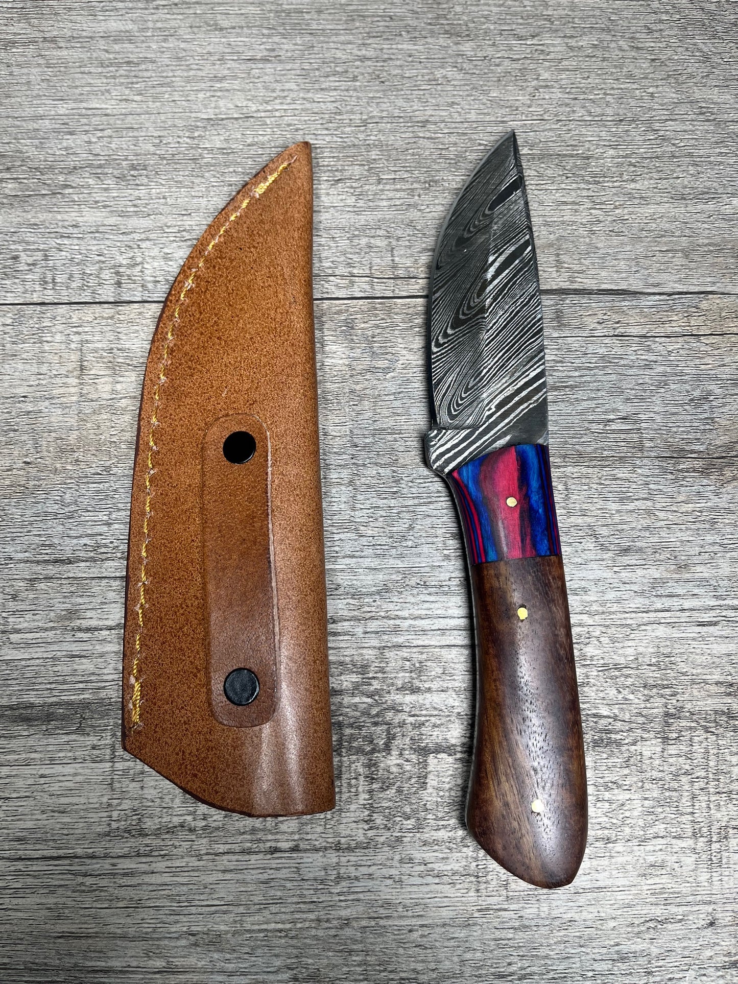 Damascus Steel Knife With Multi-Colored Wooden Handle