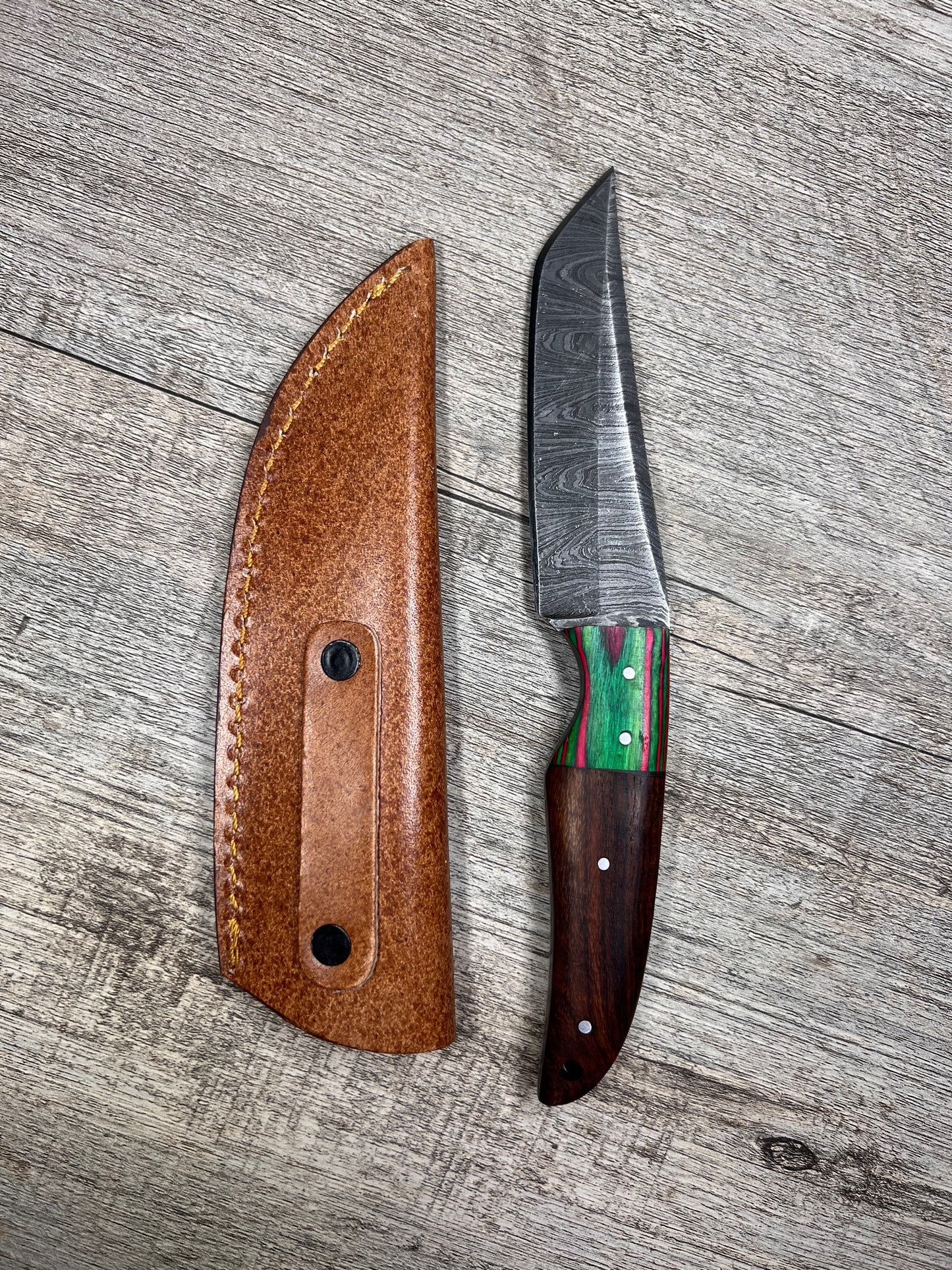 Damascus Steel Knife with Multi-Colored Wooden Handle