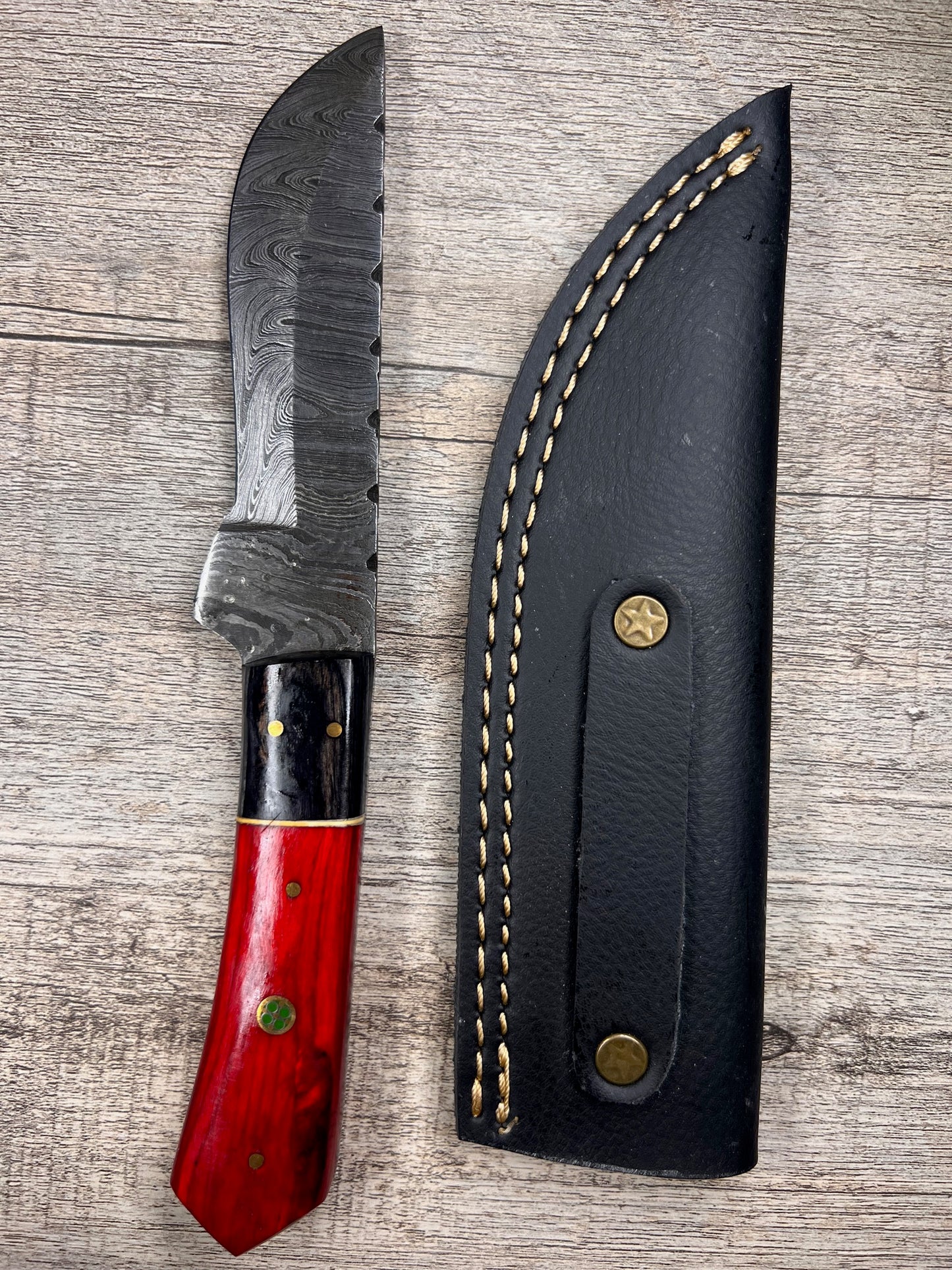 Damascus Steel Knife With Multi-Colored Wooden Handle