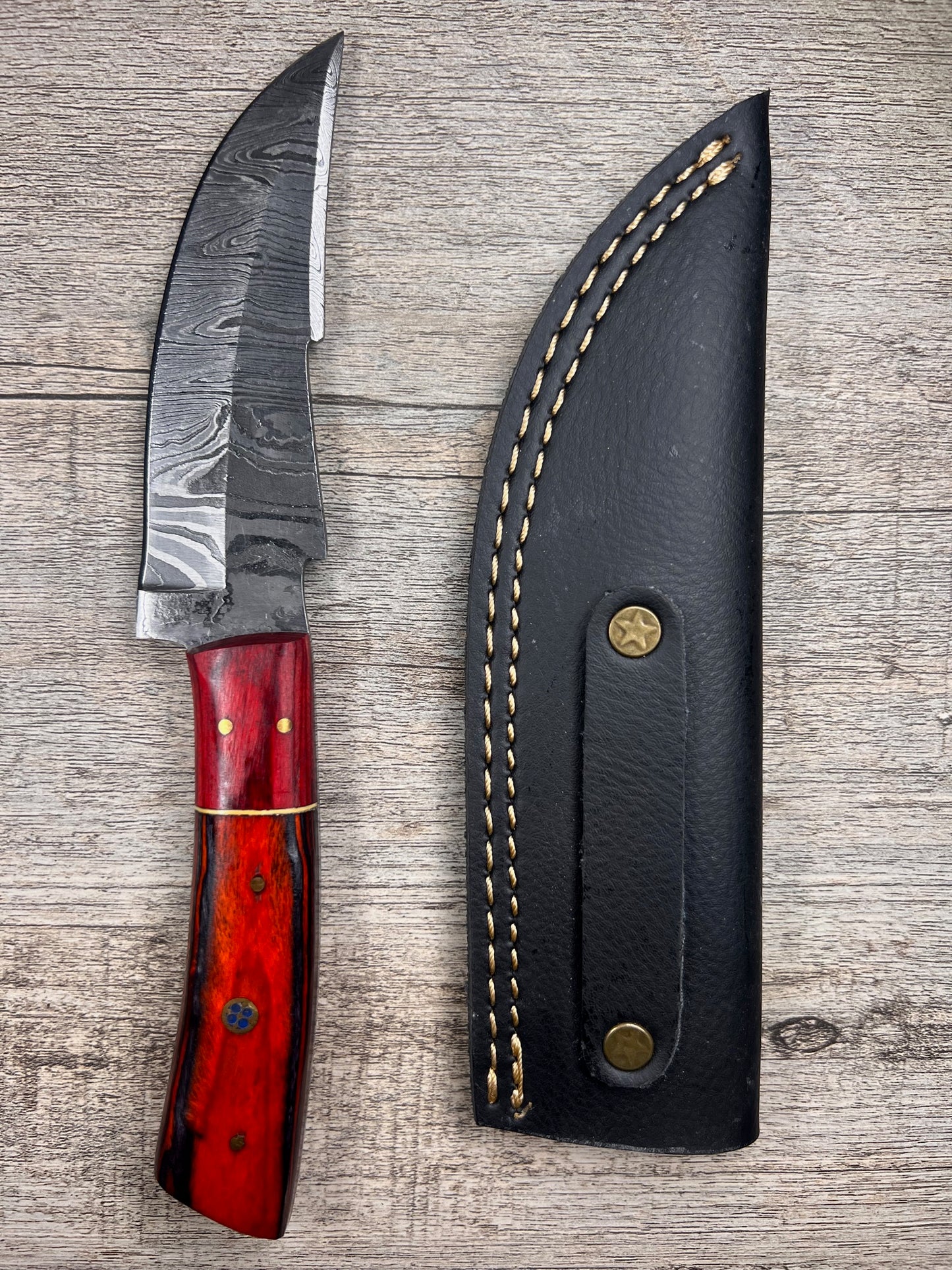Damascus Steel Knife With Multi-Colored Wooden Handle