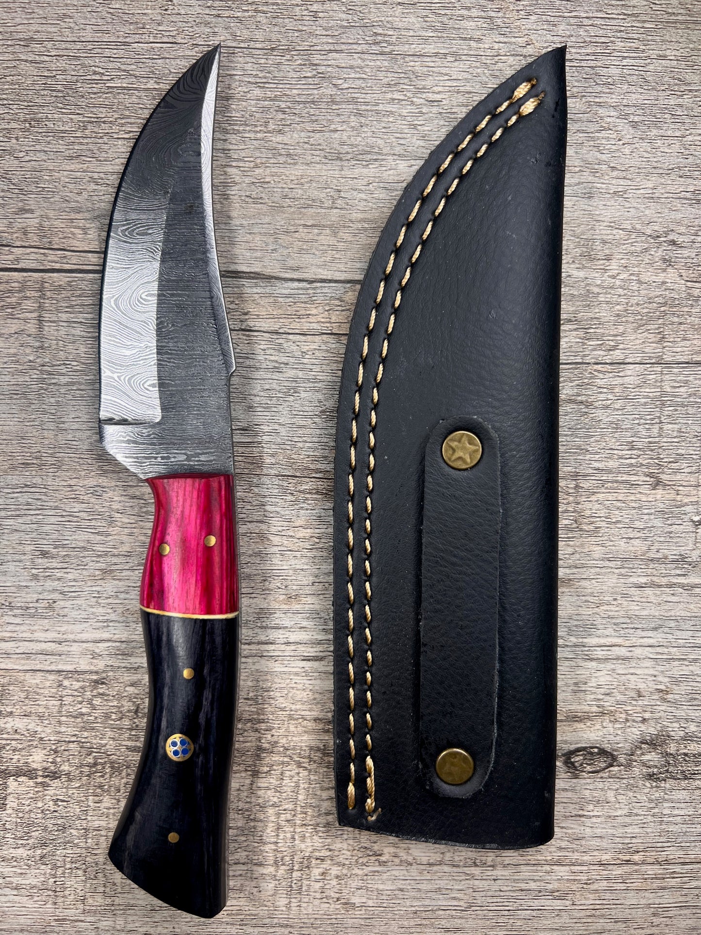 Damascus Steel Knife With Multi-Colored Wooden Handle
