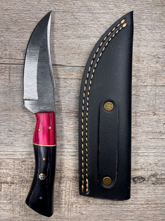 Damascus Steel Knife With Multi-Colored Wooden Handle