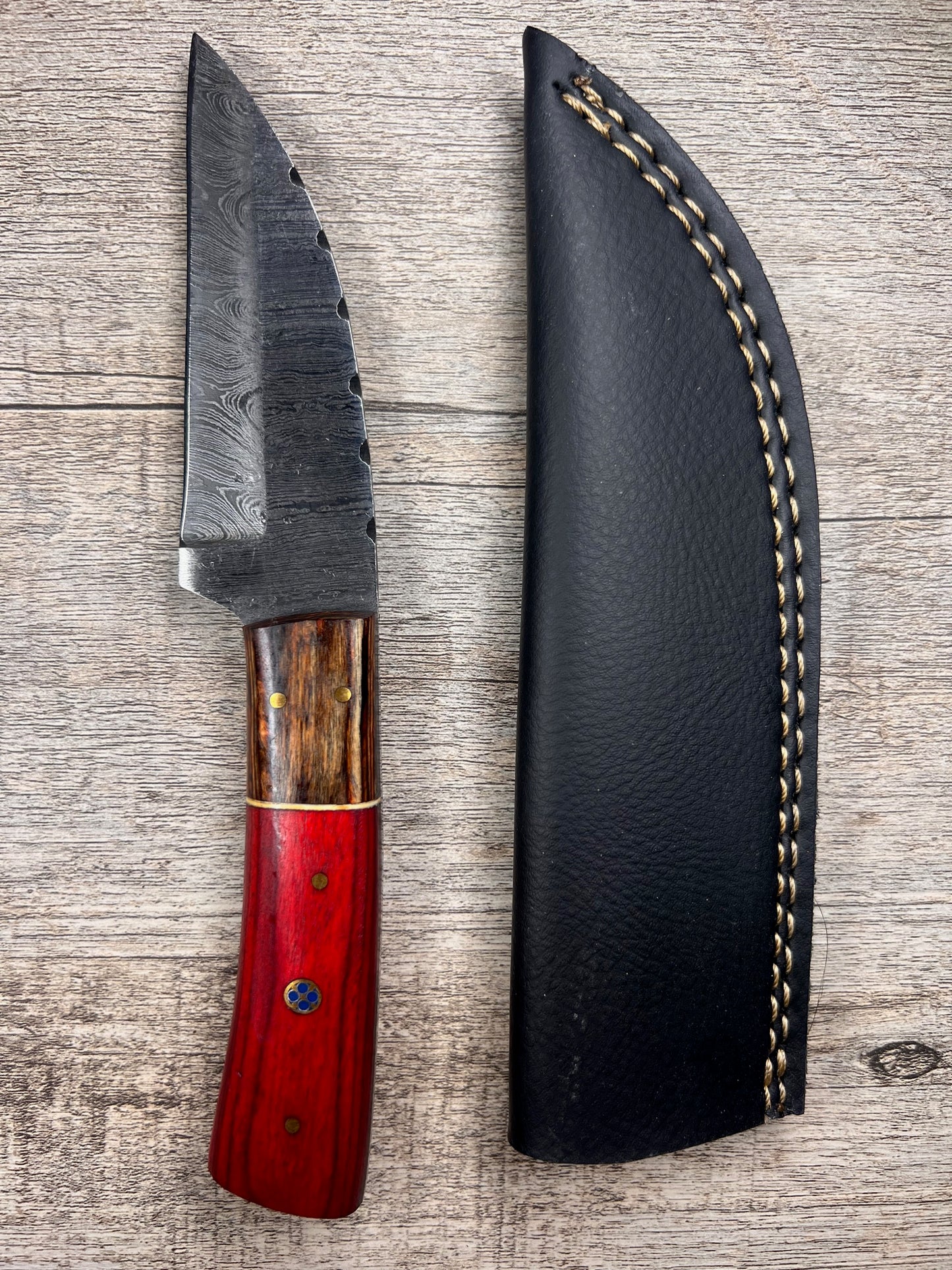 Damascus Steel Knife With Multi-Colored Wooden Handle