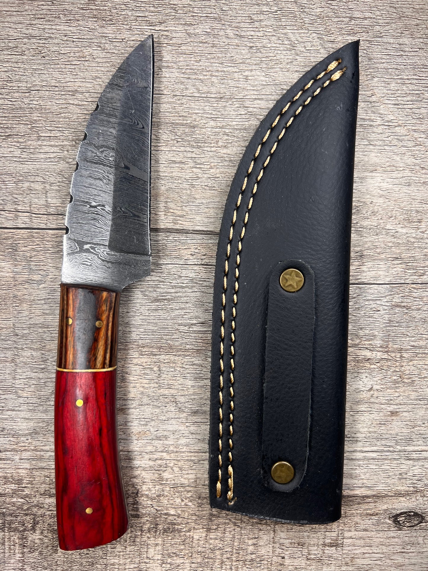 Damascus Steel Knife With Multi-Colored Wooden Handle