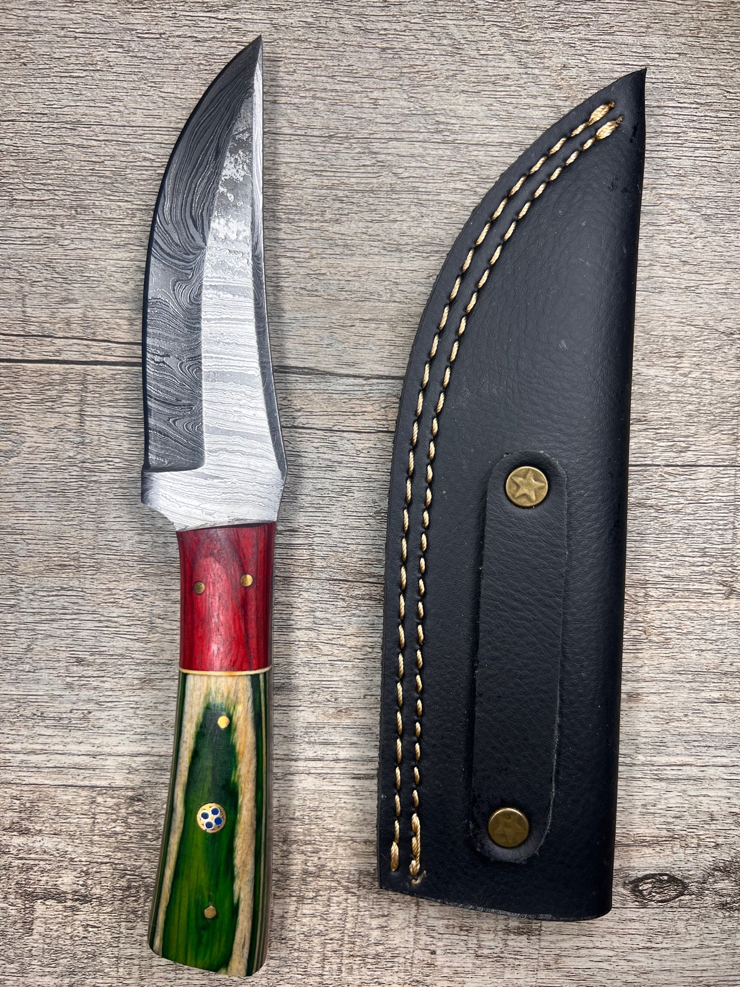 Damascus Steel Knife With Multi-Colored Wooden Handle