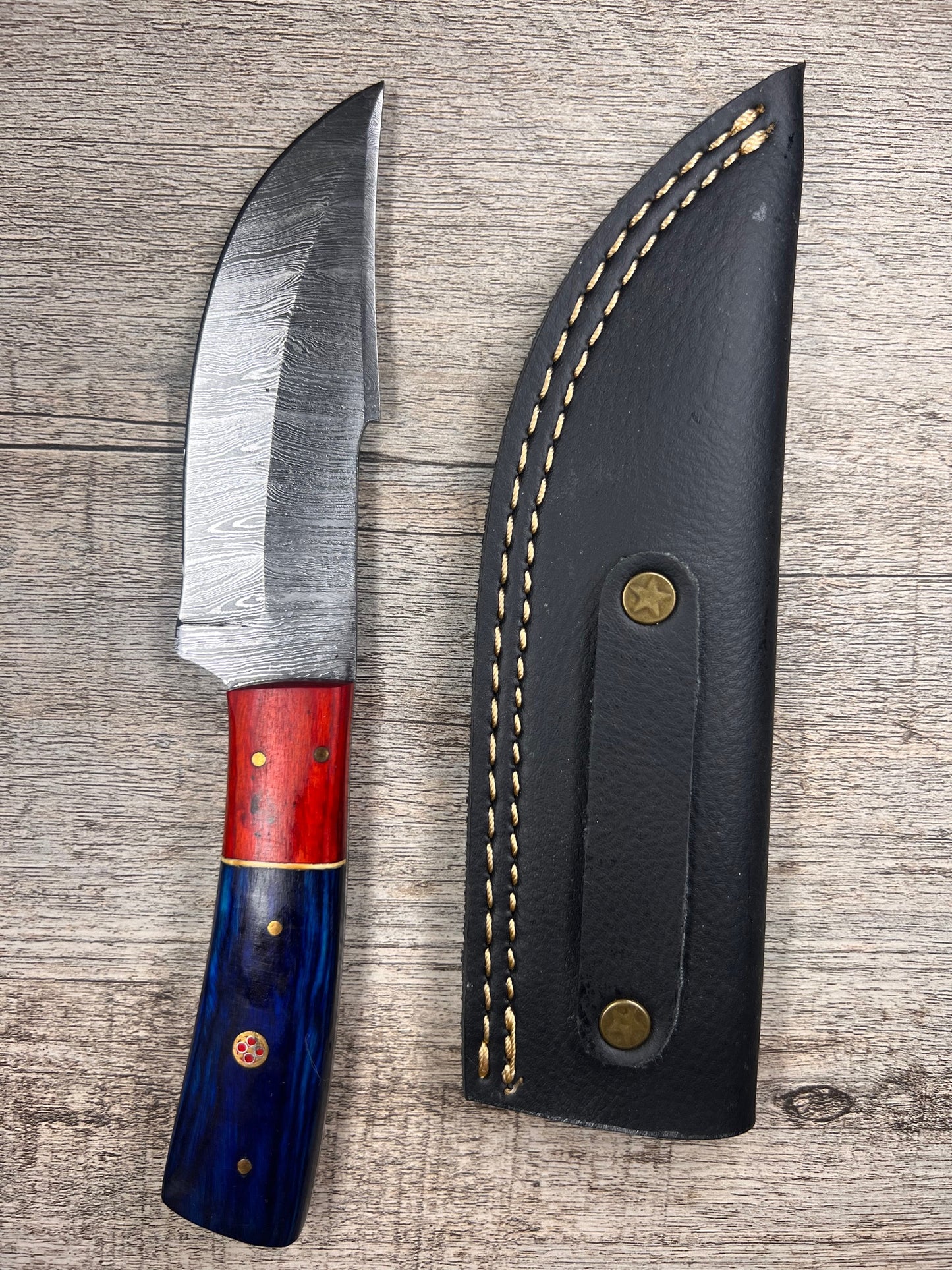 Damascus Steel Knife With Multi-Colored Wooden Handle