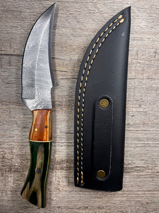 Damascus Steel Knife With Multi-Colored Wooden Handle